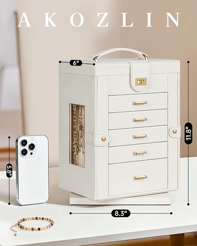 AKOZLIN Jewelry Box 6-Tier Organizer Functional 360° Rotating Jewelry Storage Case for Women Girls Ring Necklace Earring Bracelet Holder with Mirror
