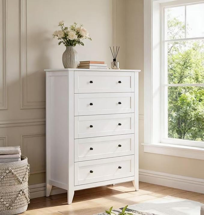 Modern 5 Drawers Dresser for Bedroom, Tall Wood Chest of Drawers for Clothes, Big Storage Dressers Organizer with Gold Handles & Deep Drawers, Living Room, Closet, Hallway, White