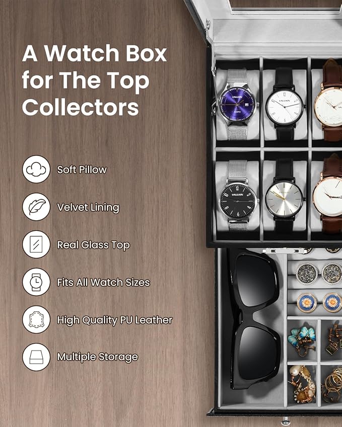 Uten 6-Slot Watch Box, 2-Layers PU Leather Watch Case with Glass Lid, Watch Holder Organizer with Soft Pillow and Velvet Lining, Watch and Jewelry Storage Box