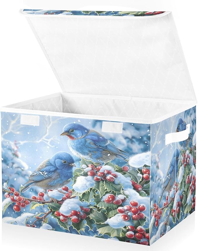 senya Winter Baskets Collapsible Storage Bins with Lids, Blue Bird Evergreen Branch Storage Boxes Clothes Baskets for Organizing