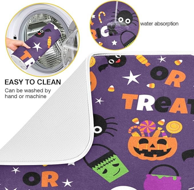 Happy Halloween Purple Pumpkin Fall Dish Drying Mat 16x18 for Kitchen Counter Trick or Treat Spooky Ghost Reversible Dishes Draining Mats Medium Absorbent Fast Dry Pad Halloween Accessories