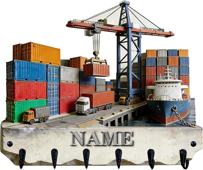 Personalized Wooden 2D Flat Print Container Truck Themed Wall Hooks for Living Room Hallway Office Custom Name Container Crane Coat Rack Port Transportation Key Storage Holder for Women Men Friends