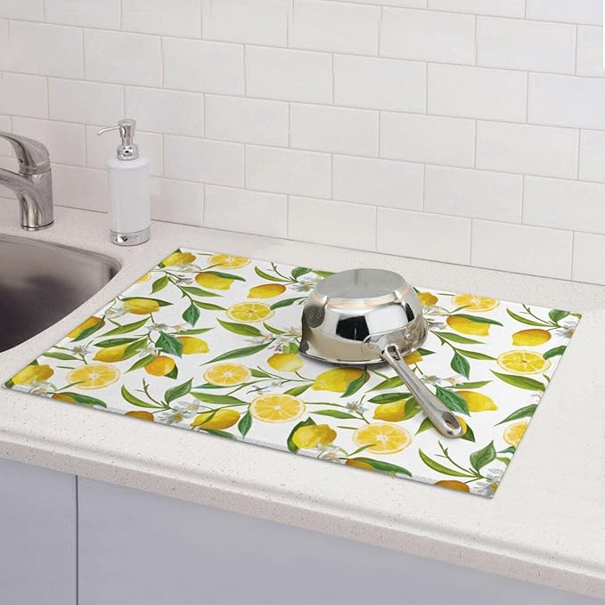 Lemon Dish Drying Mat for Kitchen Counter, Spring Summer Lemon Floral Drying Mat, Reversible Water Control Mat, Kitchen Countertop Absorbent Mat, Dish Draining Mat 18"x24"