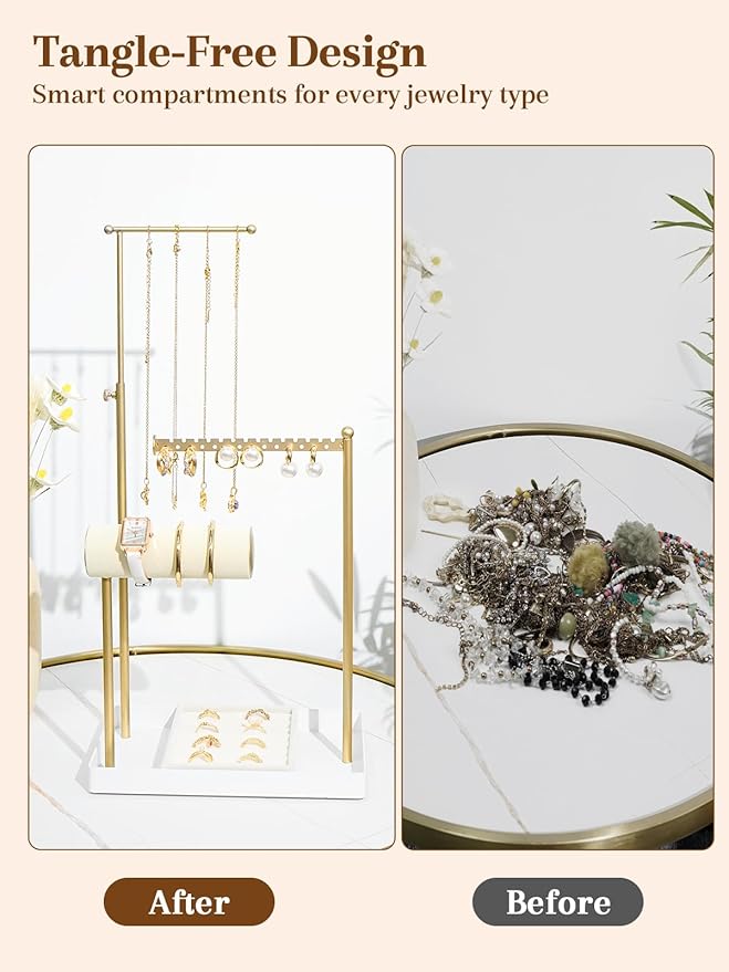 Jenseits Jewelry Organizer Stand with Ring Holder - 3-Tier Gold Jewelry Holder Tower with Velvet Tray, Necklace Holder, Bracelet & Earring Display Stand for Women, Gift for Her