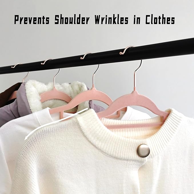 Pink Velvet Hangers 50 Pack - Rose Gold Hook, Space Saving Non-Slip Clothes Hangers, 16.5 Inch with Tie Bar for Coats,Sweater,Jackets,Dresses, Shirts, Suits & T-Shirts