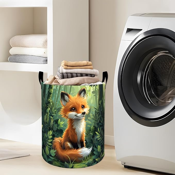 Playful Fox Sitting in Green Forest Laundry Basket with Handles, 19.7"x15.7" Clothes Foldable Cute Animal Laundry Hamper Organizer for Dorm Nursery Bedroom Bathroom Decor, Toy Storage Bin for Kids