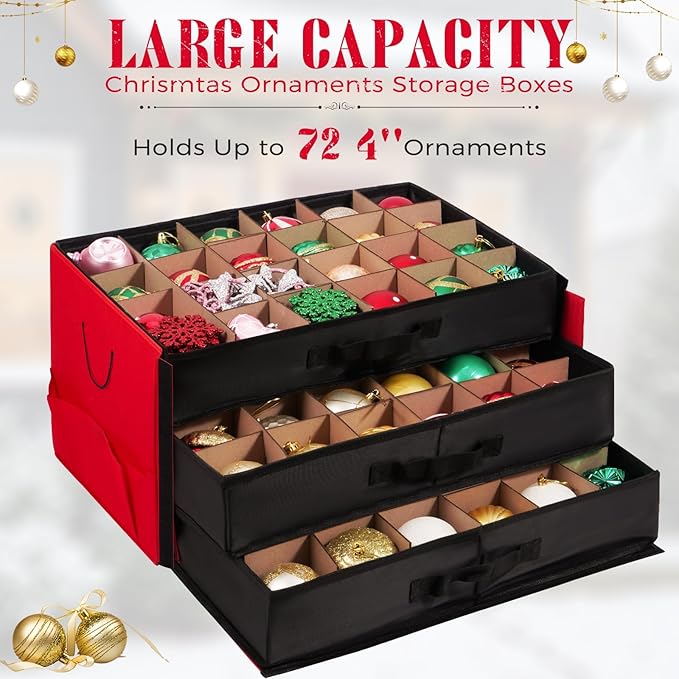 Christmas Ornament Storage Container Box, Adjustable Dividers- Large Christmas Ball Storage Boxes with 3 Removable Trays Keeps Holiday Decorations (72-4")