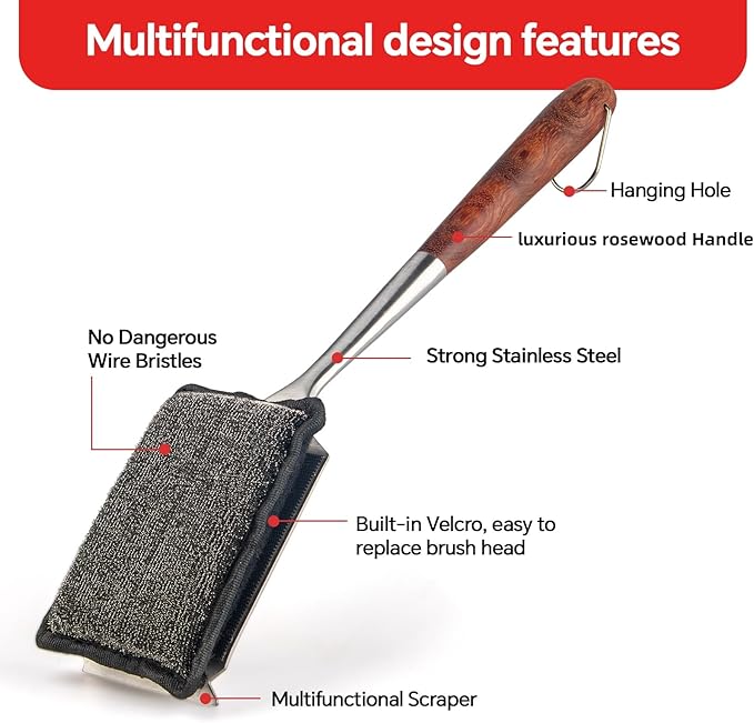 XUDAKAIXIN Bristle-Free Steam Cleaning Grill Brush,with Extended Luxurious Rosewood Handle and 1 Replacement Head,BBQ Grill Cleaning Brush Kit,Safe Grill Cleaner for Outdoor Grill,Gifts for Men/Dad