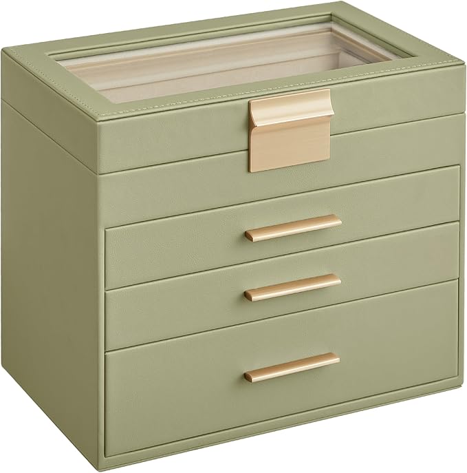 SONGMICS Jewelry Box Organizer with Glass Lid, 4-Layer Jewelry Storage, with 3 Drawers, Modern Style, 6 x 9.9 x 8.5 Inches, Laurel Green and Gold Color UJBC161C02