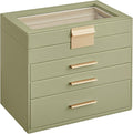 SONGMICS Jewelry Box Organizer with Glass Lid, 4-Layer Jewelry Storage, with 3 Drawers, Modern Style, 6 x 9.9 x 8.5 Inches, Laurel Green and Gold Color UJBC161C02