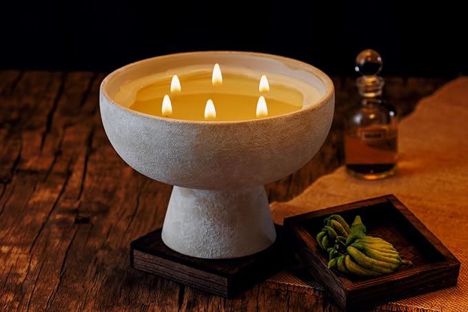 Blueme Nostalgia Candle | Bergamot & Musk | 6 Wick - Refillable Wellness Candle with Essential Oils, Hand Finished & Poured Soy Wax Blend Ceramic Vessel, Natural Cotton Wicks | Giant 45 oz