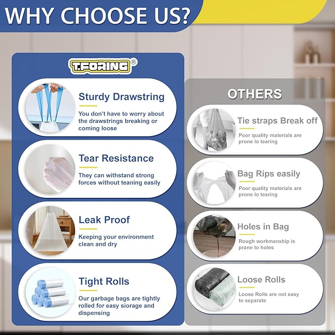 T.FORING 150 Count 8 Gallon Trash Bags Drawstring - 1.2 Mil Heavy Duty Medium Garbage Bags Unscented, 30 Liter Thick Plastic Trash Can Liners for Home Kitchen Bathroom