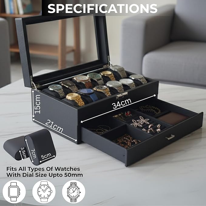 12-Slot Watch Box in PU Leather with Valet Drawer, 2-Tier Luxury Watch Case Display Organizer for Men Women, Sunglass Holder & Mens Jewelry Box With Glass Top, Ideal Gift for Watch Storage (Carbon)