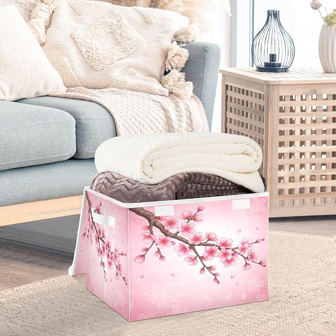 Bolaz Spring Cherry Blossom Background Storage Bins with Lids and Handles, Foldable Storage Box Storage Basket with Cover Collapsible Organizer Containers for Home Closet, Shelves