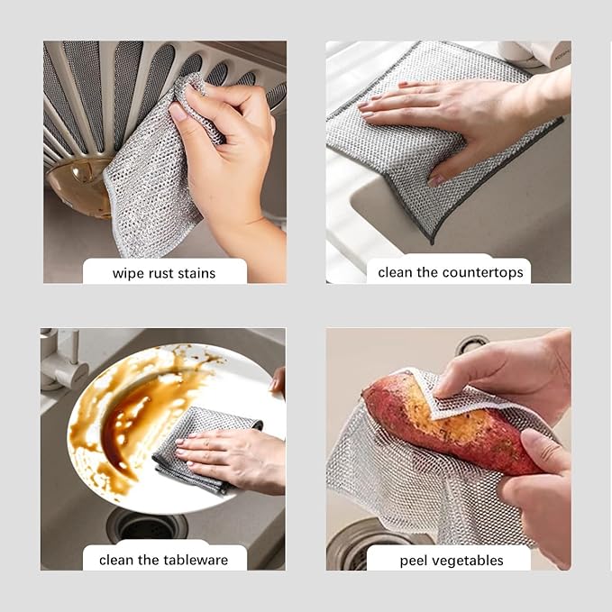 20 Counts Non Scratch Wire Dishcloth Multipurpose Wire Dishwashing Rag for Wet and Dry Use, Metal Scrubbers for Cleaning Dishes, Dual-Sided 2-Layer Kitchen Cleaning Cloth with Mesh, Mesh Dish Cloth