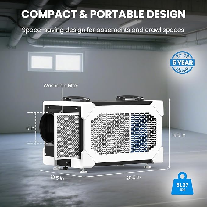 CADPXS Crawlspace Dehumidifier, 145 Pints Commercial-Grade Dehumidifier with Drain Hose for Crawl Spaces, Basements, Industrial and Water Damage Use, Large Capacity, Auto Defrost, Memory Restart, cETL