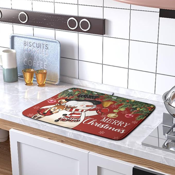 Kwlegh Christmas Dish Drying Mats for Kitchen Counter 16x18 Cute Snowman Red Dish Drying Pad for Dishes Winter Xmas Holiday Dish Draining Mat Absorbent Microfiber Dish Drainer Rack Mats