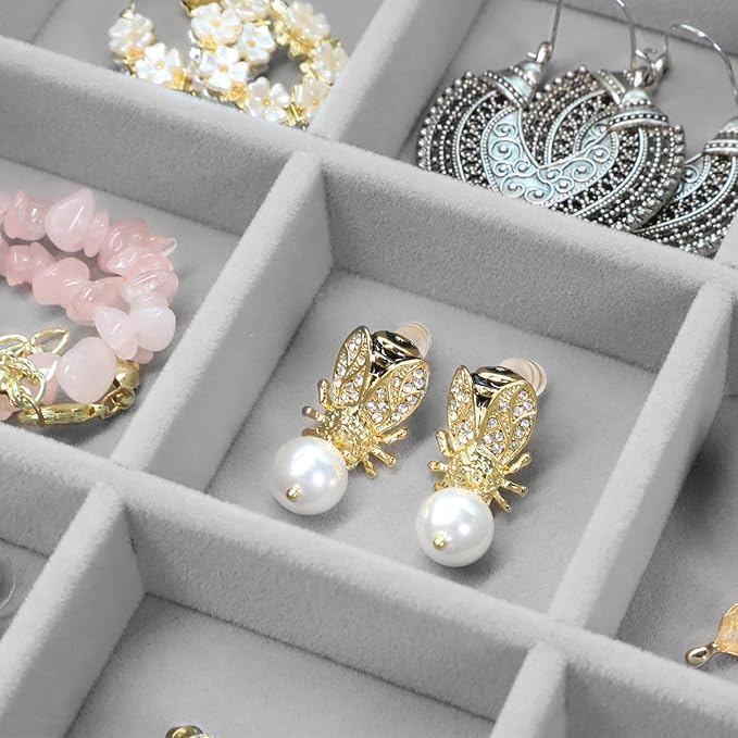 Wudygirl Jewelry Organizer Jewelry Tray with Lid Set of 4 Earring Jewelry Holder Organizer Velvet Ring Necklace Bracelet Box for Women Drawer Inserts Stackable (Gray)