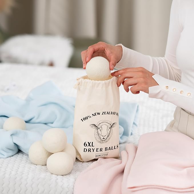 Homestead Houseware XL Wool Dryer Balls 6-Pack – 100% New Zealand Wool, Natural Fabric Softener & Static Reducer, Reusable Laundry Balls for Pet Hair, Eco-Friendly Dryer Sheets Alternative