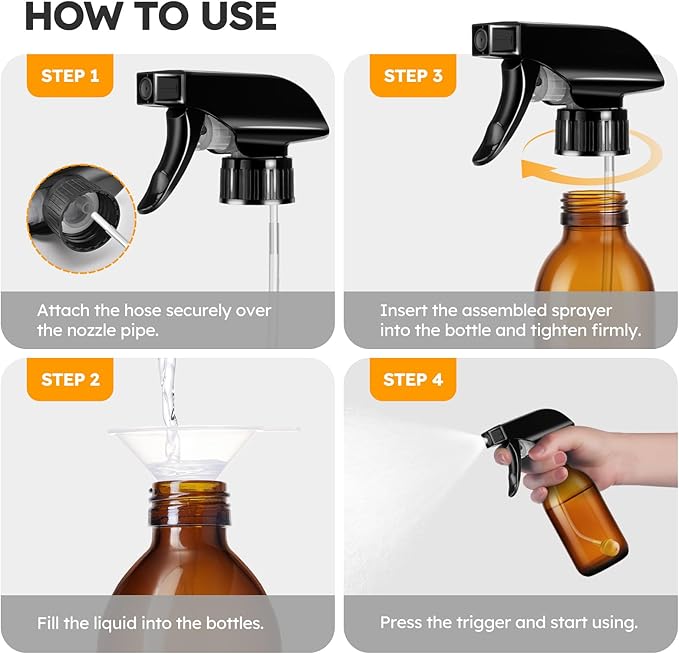 Tecohouse 360° 4 OZ Amber Glass Spray Bottles, 2 Pack Empty Refillable Containers with Adjustable Spray Nozzles, Dark Spray Bottles for Cleaning Solutions, Plants, Hairs