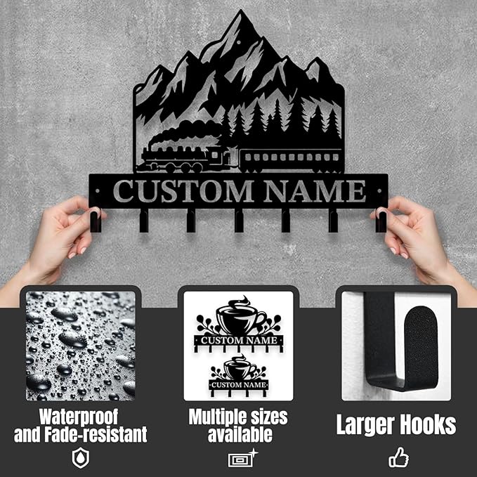Personalized Train Metal Keys Hooks,Custom Name Metal Train Keys Hooks,Black Metal Train Wall Home Storage Decorative Keys Hooks,Key Holder Hooks for Wall (Style C)