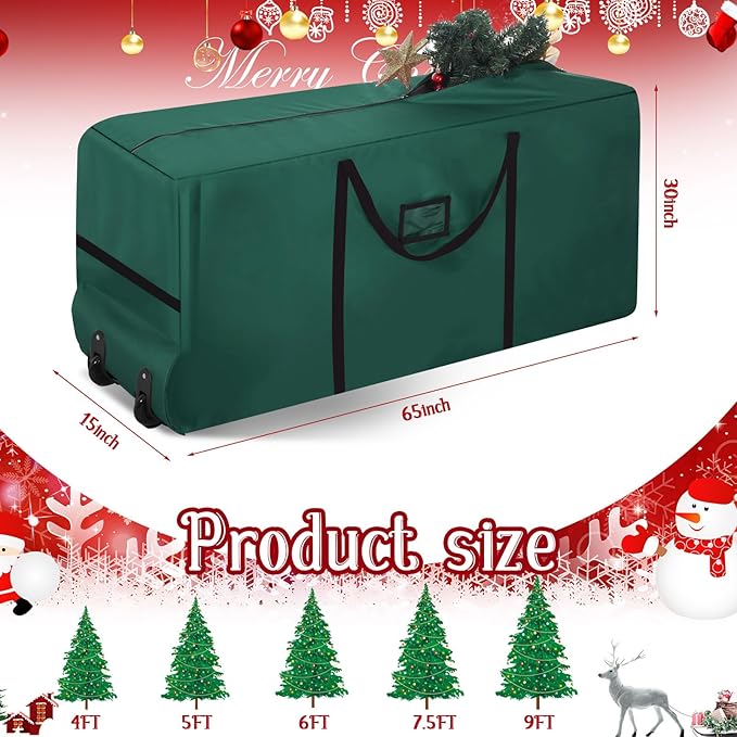 9 Ft Heavy Duty Christmas Tree Storage Bag 900d Oxford Fabric with Wheels and Reinforced Handles, Durable Xmas Storage Box for Disassembled Holiday Tree (9 ft,Green)