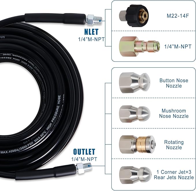 Zejoot 50FT Sewer Jetter Kit for Pressure Washer, 5800PSI Drain Cleaner Hose 1/4 Inch NPT Corner with 4 Sewer Jetting Nozzles，Waterproof Tape，Pearl Corsage Pin，Handle Strap & 2 Spanners (Black)