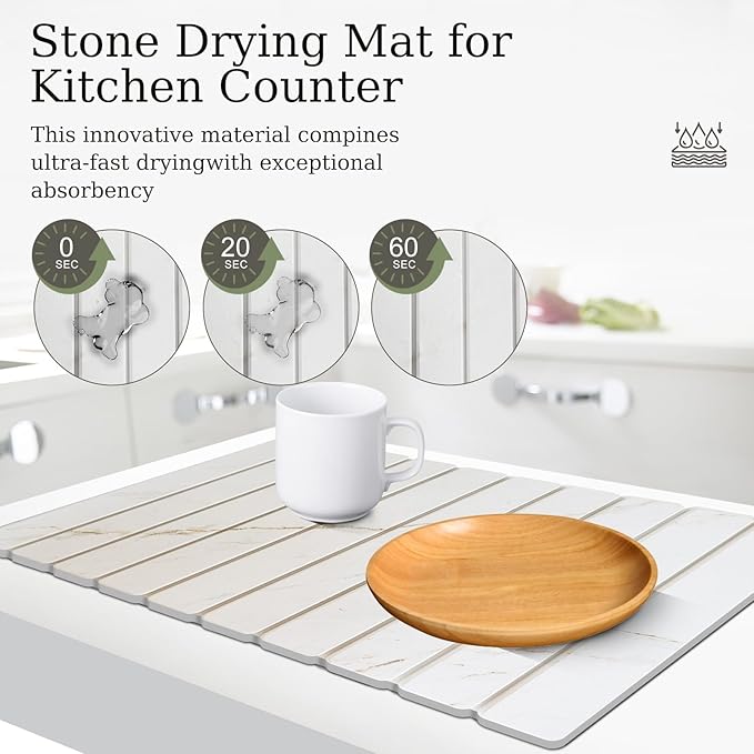 Hopegiver Stone Drying Mat for Kitchen Counter, 24"x16" Golden Marble Pattern Quick Dry Dish Drying Mat, Absorbent Diatomaceous Earth Mat for Countertop Sink Kitchen Bathroom, with Sanding Block
