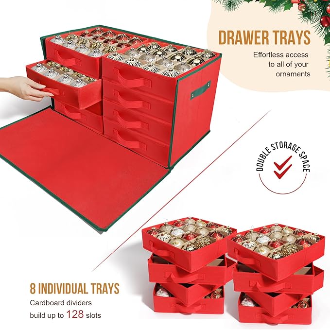 WDZREE Premium Large Christmas Ornament Storage,Box with Side Open, Drawer Style Trays -3" Compartment, 8 Trays, Keeps 128 Holiday Ornaments -Made of Durable 600D Oxford Fabric Tear-Proof Material