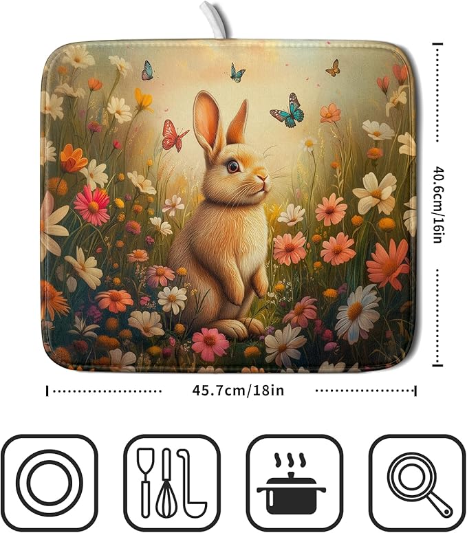 Giwawa Easter Bunny Dish Drying Mat Flower Butterfly Kitchen Drainer Mat 16x18 inch Absorbent Reversible Dish Rack Pad for Counter Tabletop Decor
