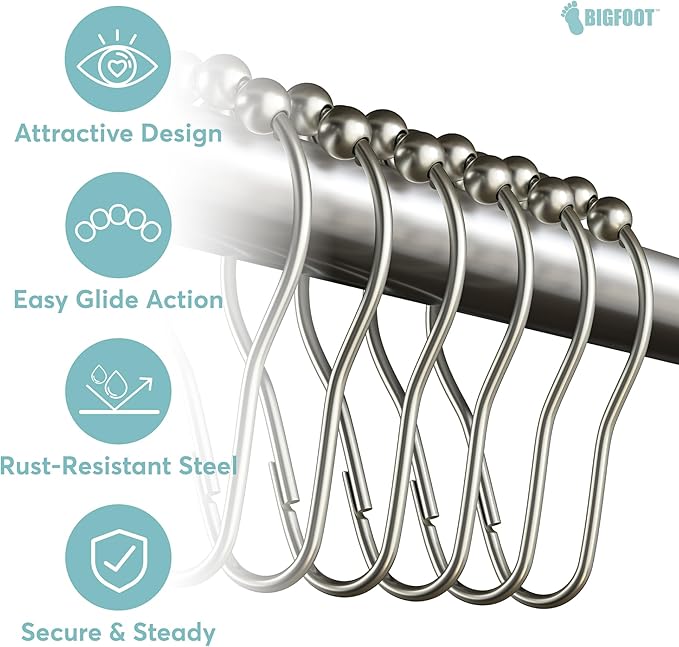 BigFoot Shower Curtain Hooks, Durable Stainless Steel, Rust Resistant, Easy Installation & Smooth Glide, Fits Standard Shower Rods, Metal Curtain Rings, 12 Pieces, Nickel Color