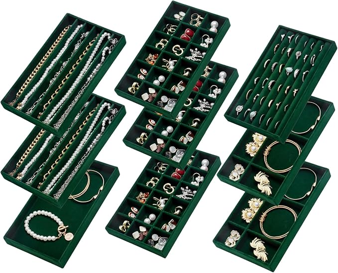 SPAKOWN Jewelry Drawer Organizer Inserts Set of 9, Jewelry Trays for Drawers Velvet Jewelry Organizer Tray Drawer Jewelry Organizers and Storage for Earring Ring Necklace Watch Bracelet (Green)