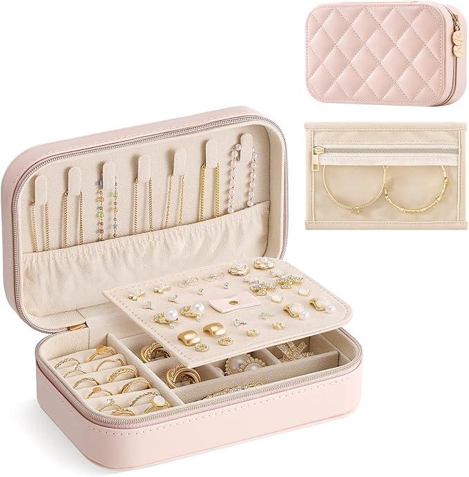 Lolalet Travel Jewelry Case for Women Girls, Travel Jewelry Organizer with Clear Storage Bag Small Portable Jewelry Box for Necklace Bracelet Earring Ring Valentines Bridesmaid Gifts -Medium/Pink