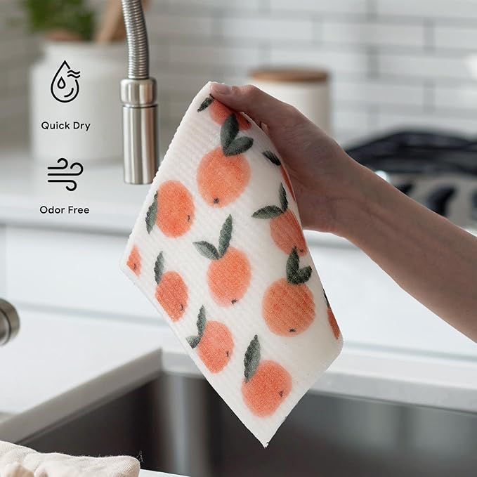 RECYCO Swedish Dishcloths for Kitchen | 5 Pack Peachy Leaves Washable Dish Rags | Cellulose Reusable Cleaning Paper Towels | Absorbent Counter Dish Cloth Sponge Kitchen Wipes, 8" L x 7" W