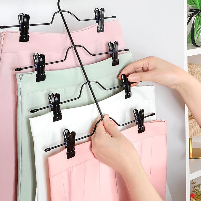 TOPIA HANGER 4 Tier Skirt Hangers for Women, Pants Hanger Space Saving with Adjustable Clips, Save 80% More Space, Clip Hanger for Slacks, Trousers, Shorts, Jeans, Towels, 2-Pack, CT73B