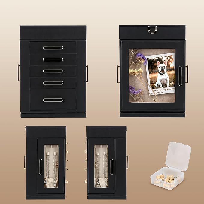 Kendal 360° Rotating Jewelry Box - Black PU Leather Jewelry Organizer with Shadow Box & Pinboard, Detachable Top Tray, Drawers & Push Pins for Personalized Accessory Display & Storage