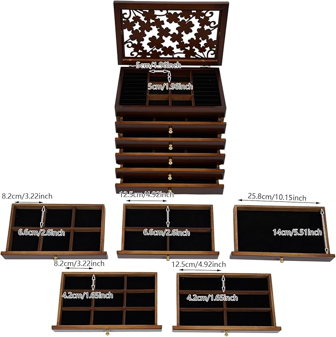 Wood Jewelry Box 6-Tier Large Jewelry Organizer Cabinet with 5 Drawers Women Girls Storage Display Case for Necklace Rings Earrings Accessories, with Mirror and Lock (Without Mirror-brown)