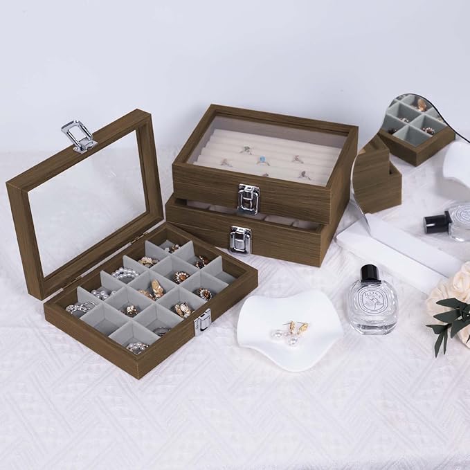 Stratalife Ring Box with Glass Lid Wood Jewelry Organizer for Women Ring Holder Display with Metal Clasp Velvet Lining Small Ring Tray for Jewelry Storage Beige