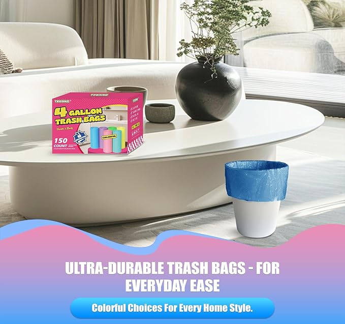 T.FORING 150 Count 4 Gallon Small Trash Bags - Colored Bathroom Garbage Bags Unscented Leak-proof, 15 Liter Plastic Wastebasket Can Liners for Office Bedroom Toilet and Car