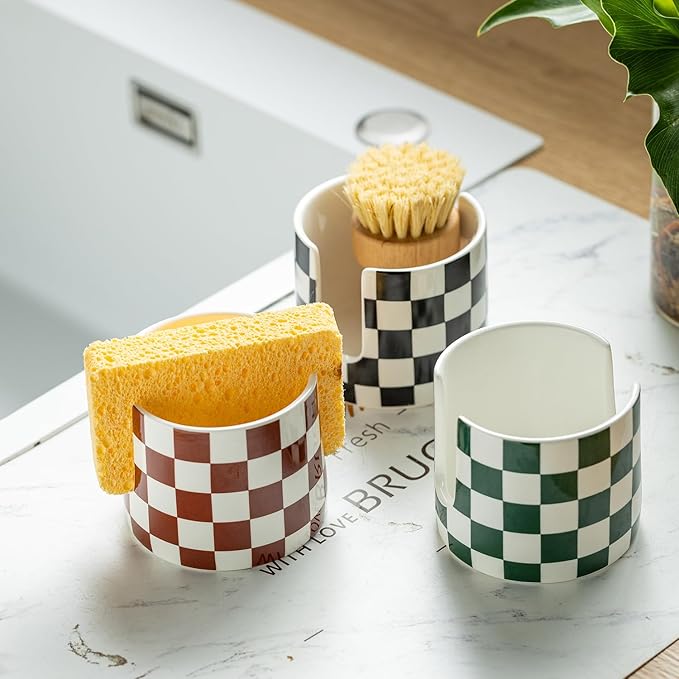 Zoeeker Checkered Kitchen Sink Sponge Holder, Dish Sponge Rack Ceramic Brush Holder Farmhouse Kitchen Dish Rack for Brush, Scrubbers, Bathroom, Sink, Black and White