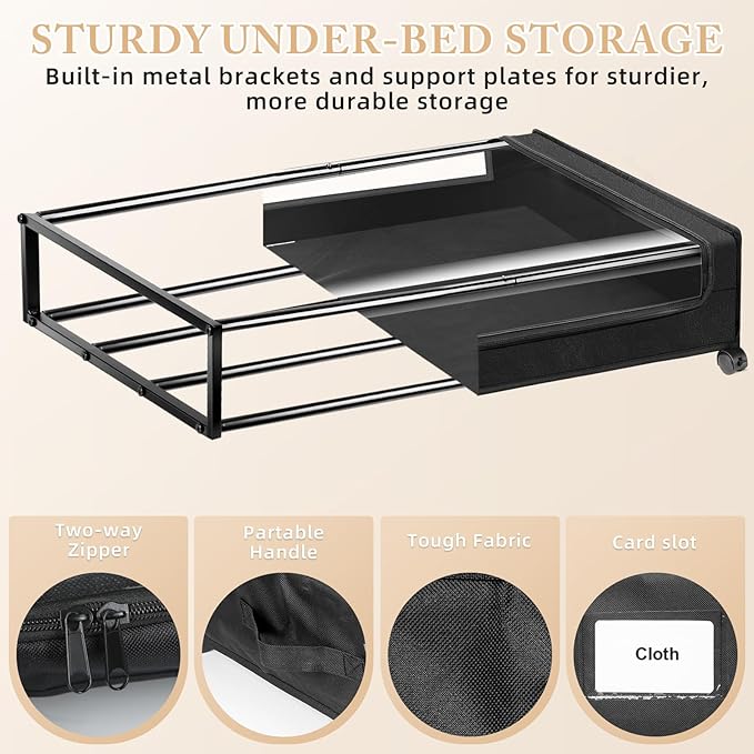 kleenhive Under Bed Storage with Wheels 2-Pack，Under Bed Storage Containers XXL，Underbed Shoes Storage with Clear Lid,Rolling UnderBed Metal Drawer for Clothes Blankets Easy Pull-out Black