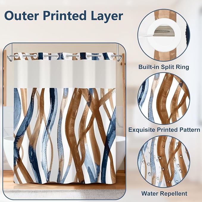 Blue and Brown Striped Shower Curtain and Liner Set, Hotel Luxury Waterproof Double Layers Fabric No Hook Shower Curtain, Modern Abstract Geometric Bathroom Curtains with Top Sheer Window, 71x74 Inch