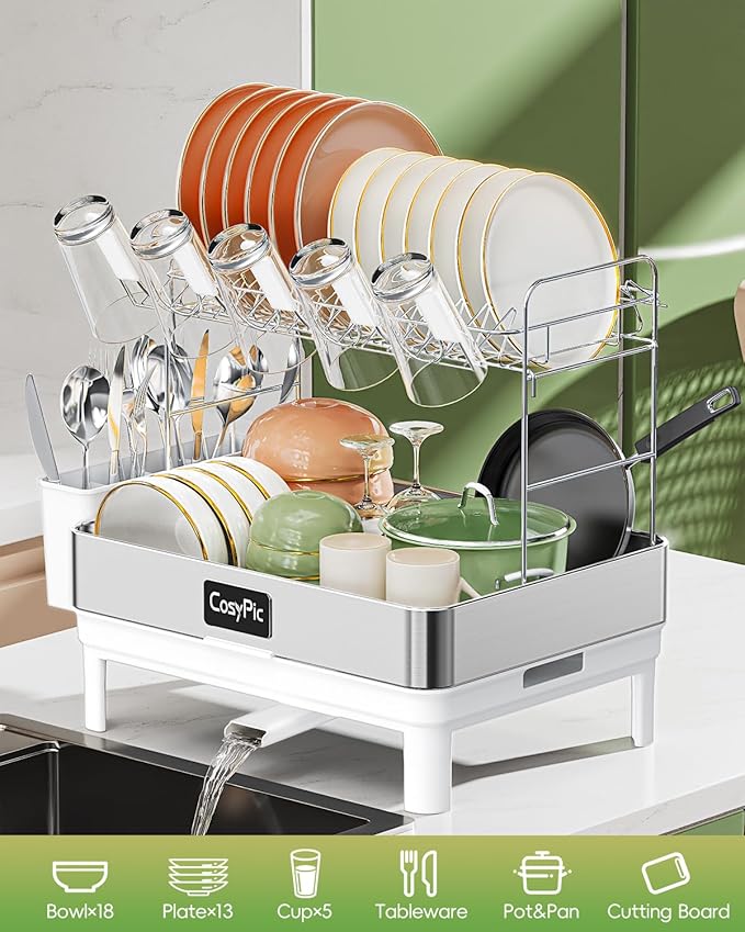 CosyPic 2 Tier Dish Drying Rack, Thicker Premium 304 Stainless Steel Dish Racks for Kitchen Counter, Automatic Drainage Spout, Dish Drainer & Drainboard Set with Utensil Holder and Cup Holder, White