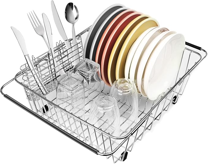 BTLATHA Sink Dish Drainer Rack, Expandable 304 Stainless Steel Dish Drying Rack Organizer with Stainless Steel Utensil Rack, Adjustable 15.35" to 20.47" Inside The Sink (up to 13 Upright Utensils).
