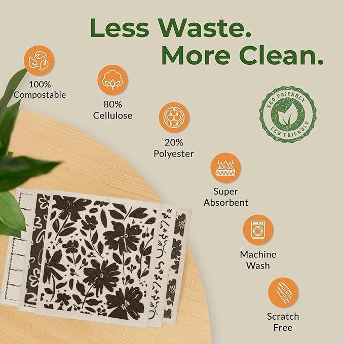 MosJos Swedish Dishcloths, Vintage Plant-Based Cellulose, 6.7x7.5 Inch, Super Absorbent, Multi-Surface, Machine Washable, Reusable, 5 Pack (Brown White)