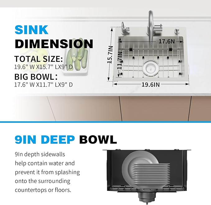 Kitchen & Bar Sink,19.7x15.7Inch Stainless Steel Drop In Small Kitchen&Bar Sink Ideal Choice For Small Space With Bottom Grid,Drain Basket And Drain Assembly Serve Both Kitchen&Bar