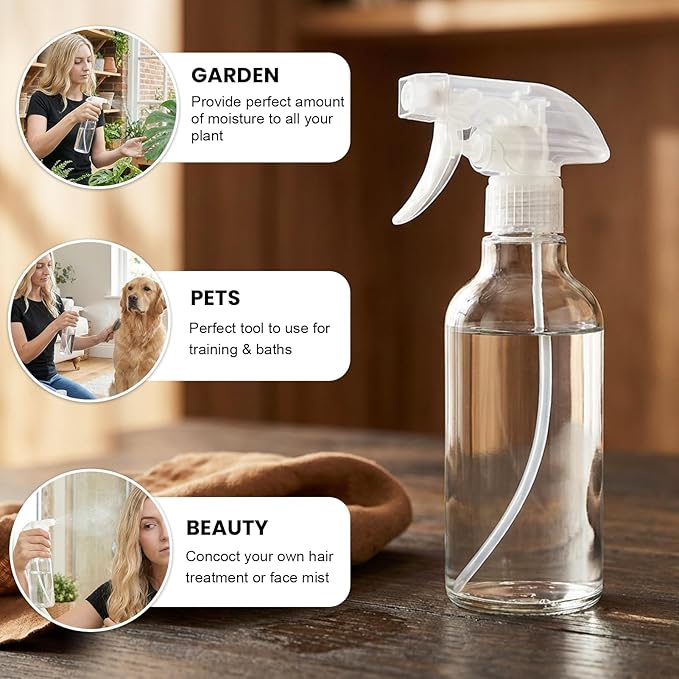 Hethyo Glass Spray Bottles 12oz Empty Spray Bottle Mist/Stream Spraying Small Refillable Containers for Hair Care, Cleaning Solutions, Plants, Essential Oils 2 Pack (Clear, 12oz)