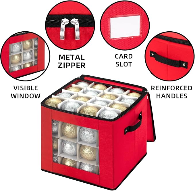 Christmas Visible Ornament Storage Box with Adjustable Dividers,Christmas Ornaments Organizer with Zipper, Storage Container Bin for Decorations(64 Ball, Red, without Tray)