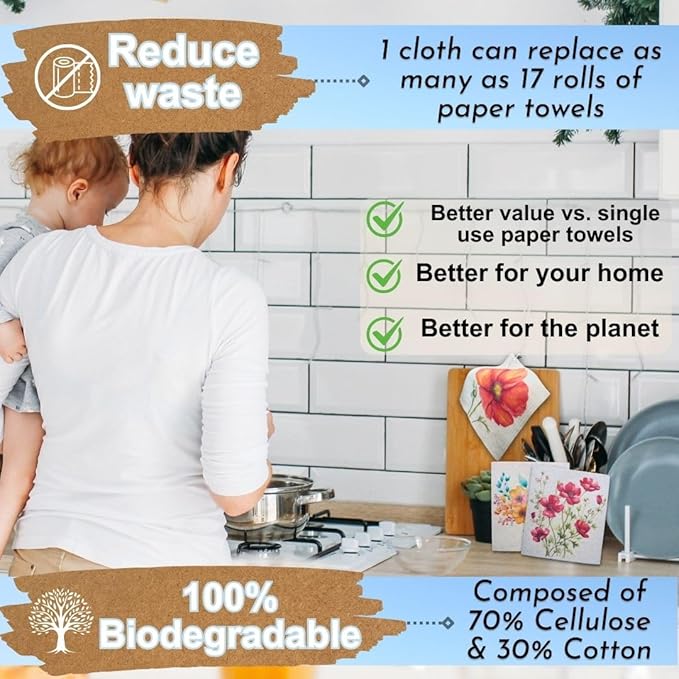 Sunshine State Goods Swedish Dishcloths for Kitchen - Ecofriendly Reusable Paper Towels, Biodegradable Dish Cloths - Cellulose Sponge Dish Cloths for Washing Dishes - 8 Pack (Floral)