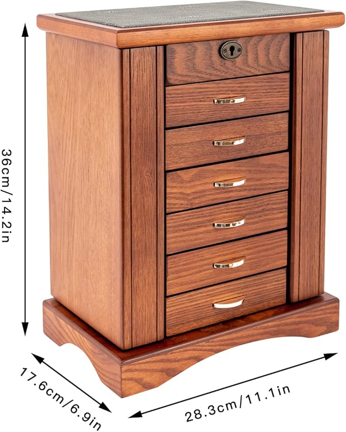 7 Layer Large Wooden Jewelry Box for Women Girls, Wood Organizer with Lock Catch for Jewelries, Necklaces, Rings, Vintage Storage Box with Mirror & 6 Drawers